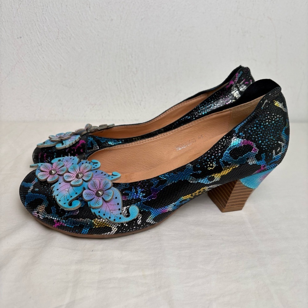 SOCOFY Leather Metallic Floral Applique Snakeskin Pump Heels Artsy 41 (10-10.5) - Picture 13 of 16